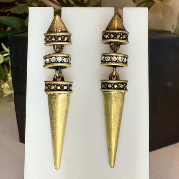 Antique Gold Spike Drop Statement Earrings. Post stud Dangle. Unique & Fun! - Picture 8 of 8